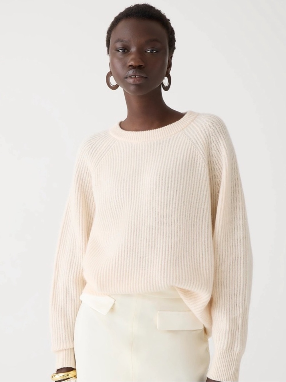 J. Crew 100% Cashmere Ribbed Crewneck Sweater Cream Ivory Small